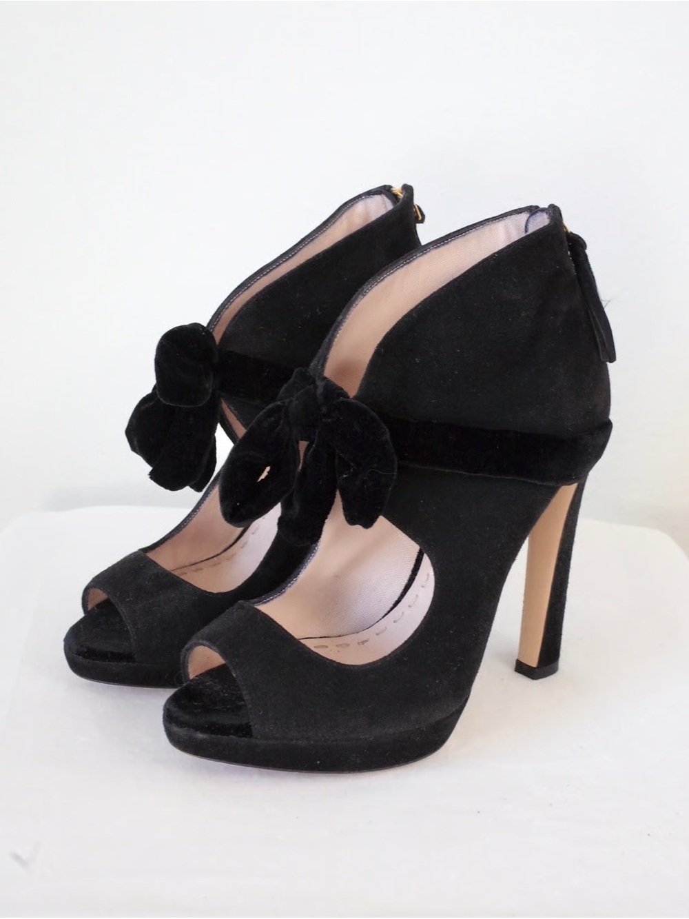 Black Velvet Peep-Toe High Heels with Bow Accent